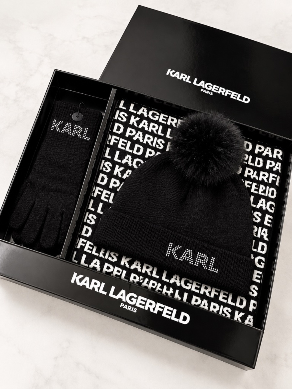 Karl Lagerfeld Paris 3pc Hat Scarf Gloves Gift Box Set Black Pom Rhinestone NWT